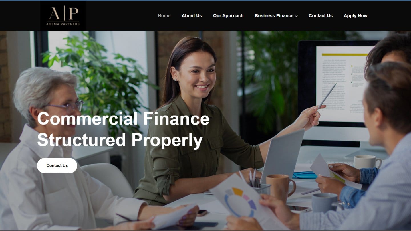 Agema Partners commercial finance website homepage, designed and built by Jose, London web developer
