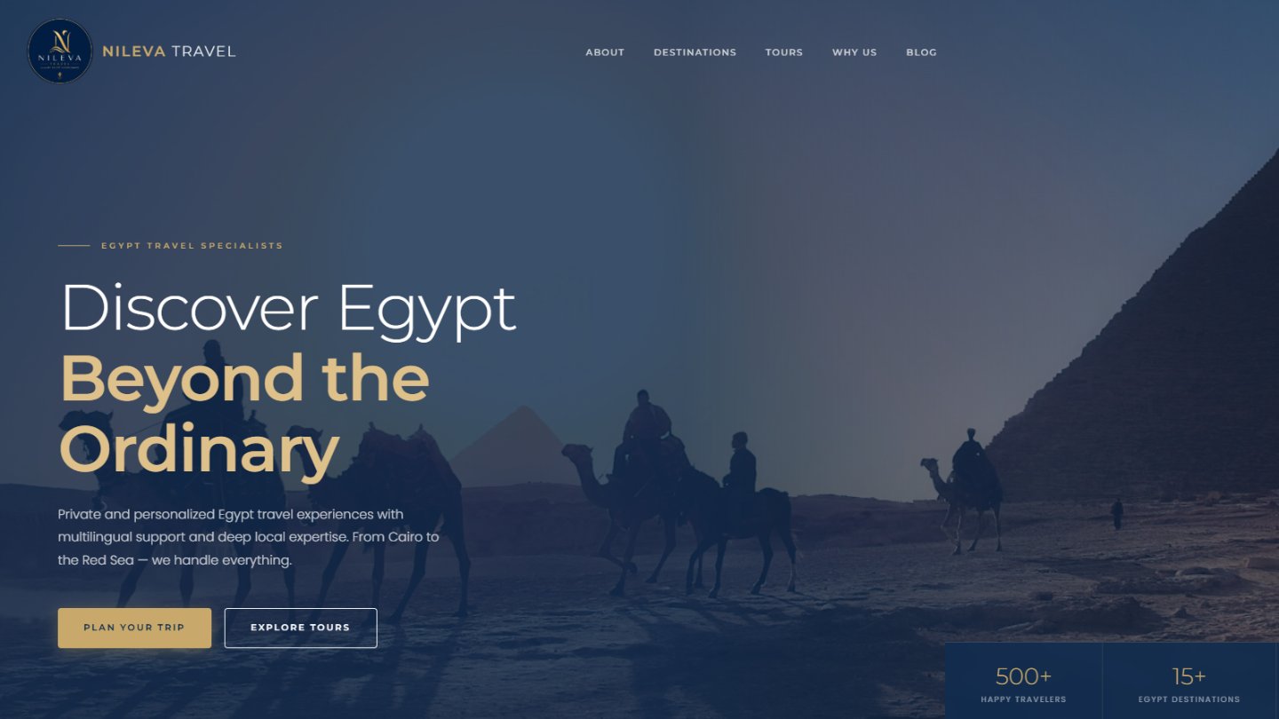 Nileva Travel Egypt tour operator website homepage, designed and built by Jose, London web developer